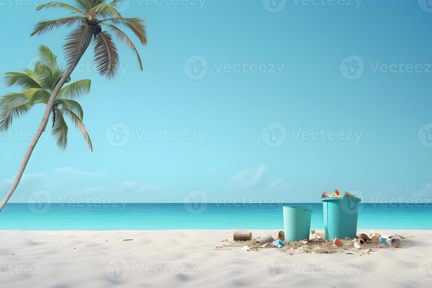 AI generated trash on tropical beach view at sunny day with white sand, turquoise water and palm tree, neural network generated photorealistic image photo