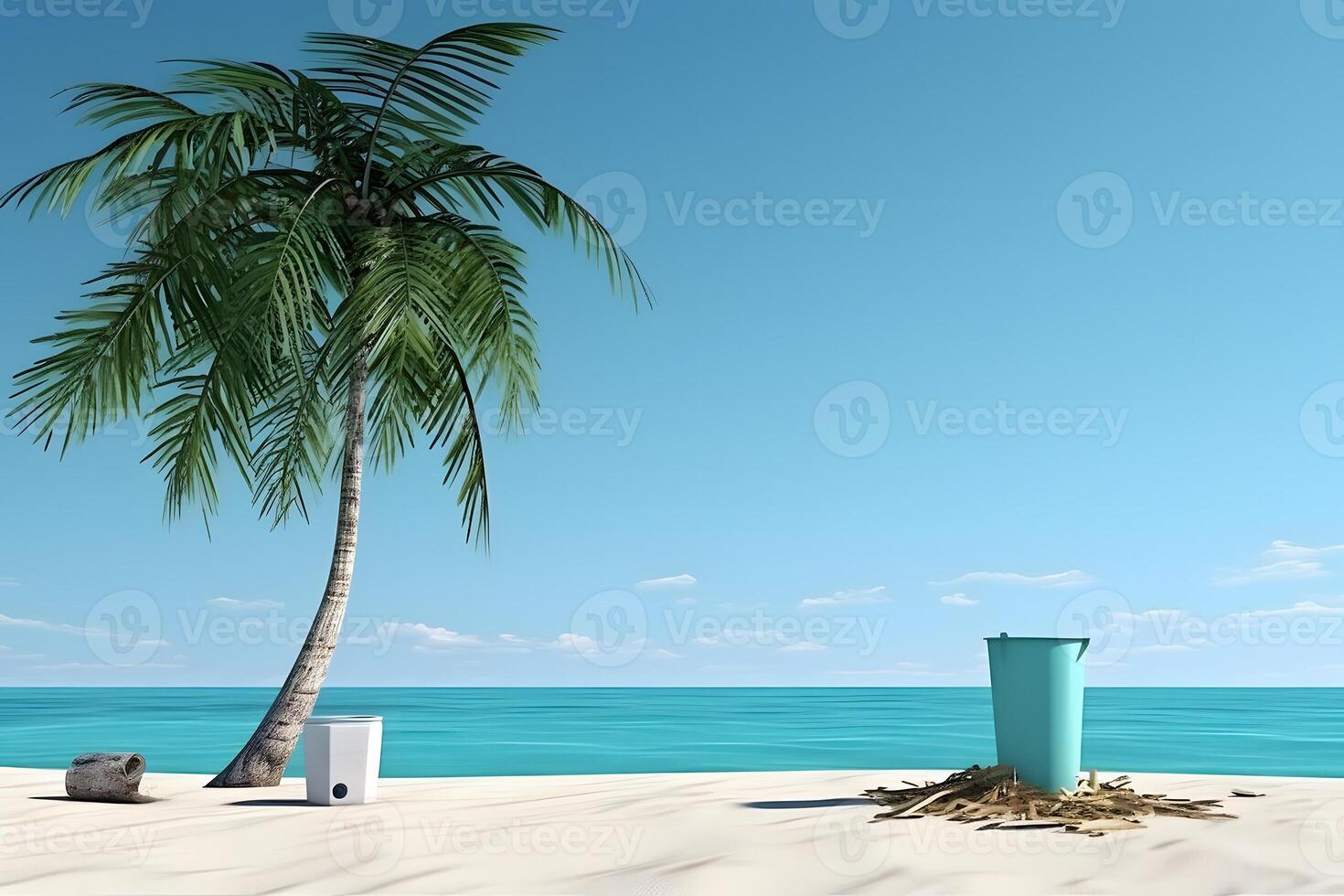 AI generated trash on tropical beach view at sunny day with white sand, turquoise water and palm tree, neural network generated photorealistic image photo