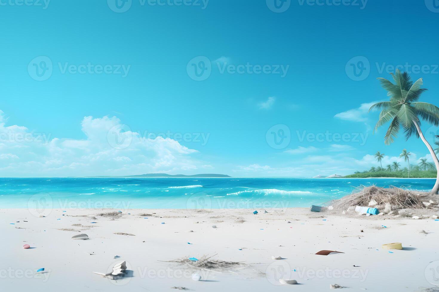 AI generated trash on tropical beach view at sunny day with white sand, turquoise water and palm tree, neural network generated photorealistic image photo