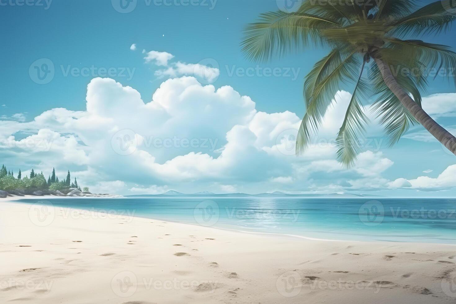 AI generated tropical beach view with white sand, turquoise water and palm tree, neural network generated image photo