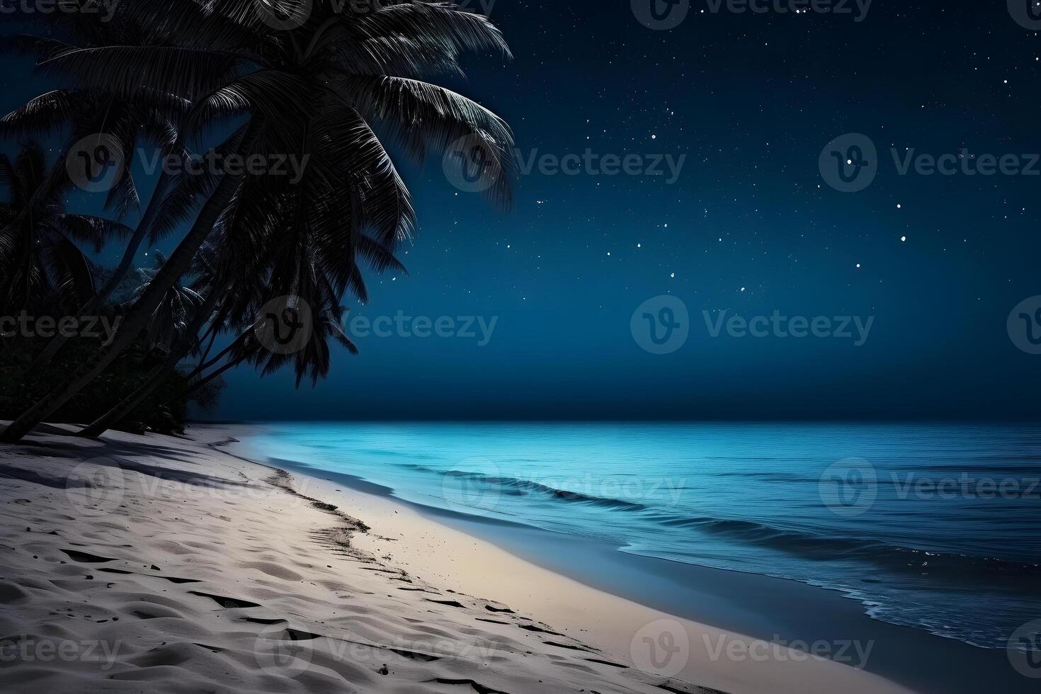 ai generado tropical playa ver con blanco arena, turquesa agua y palma árbol a lleno Luna noche, neural red generado fotorrealista imagen foto