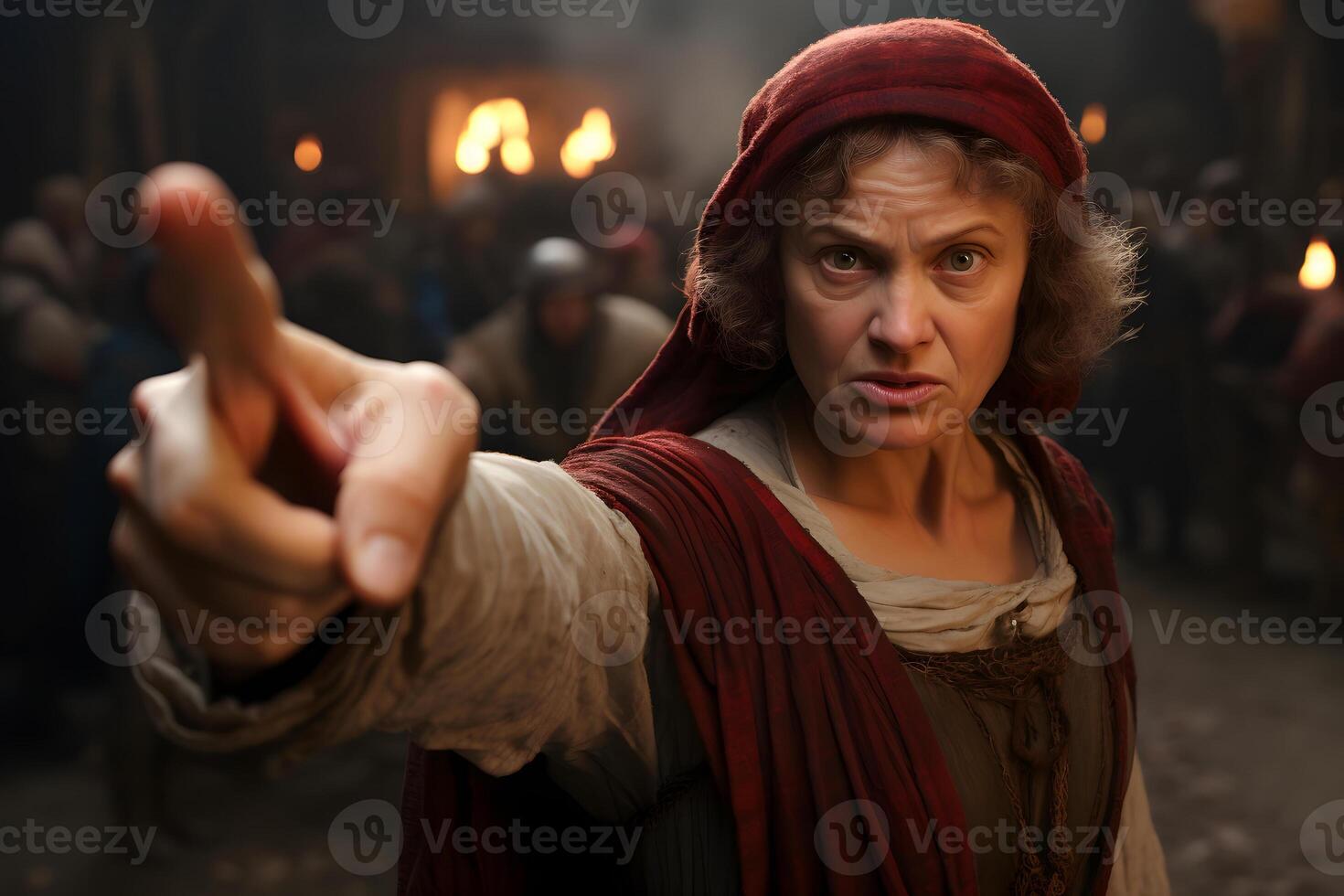 AI generated Medieval woman points finger at you, neural network generated image photo