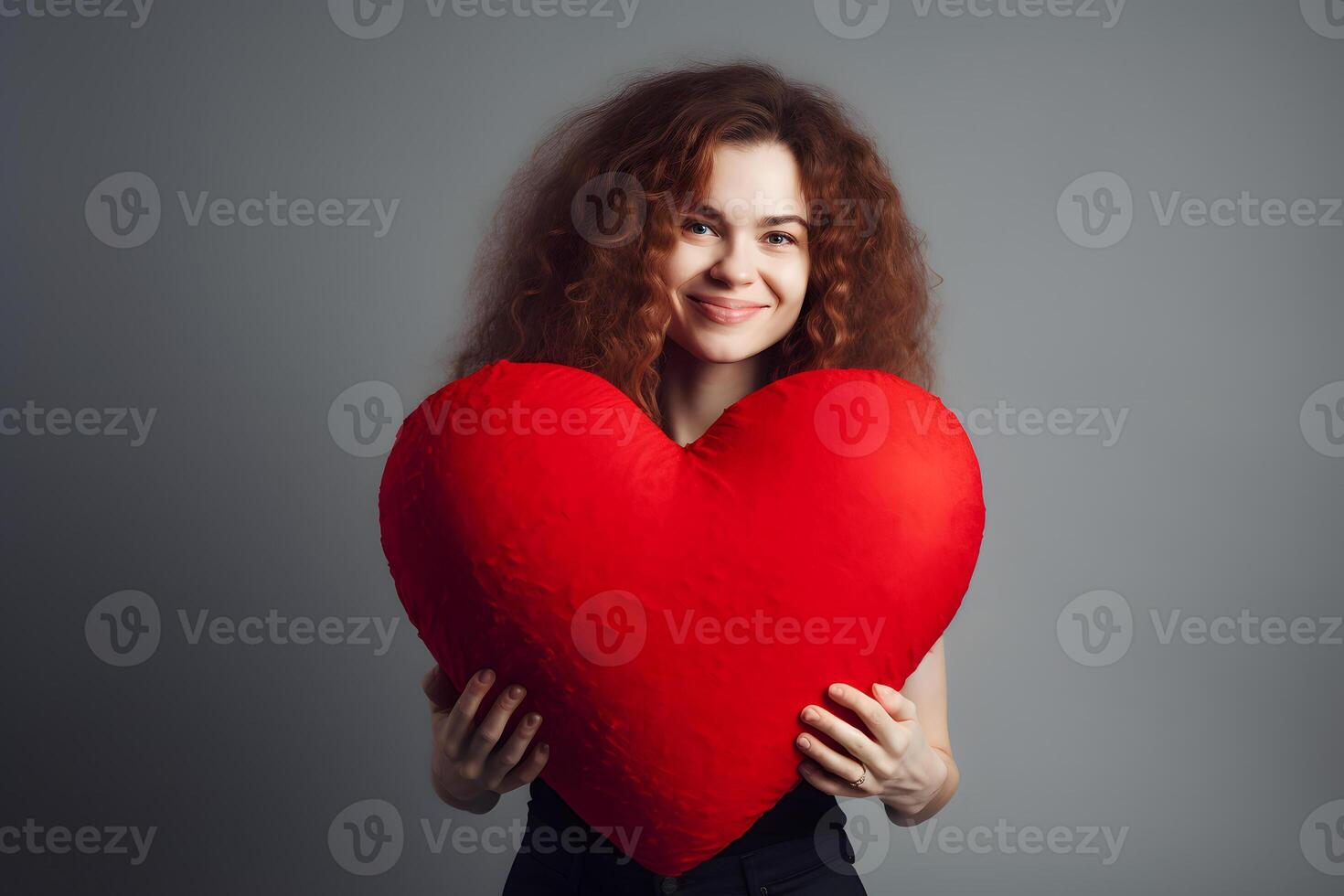 AI generated woman holding big red heart on gray background, neural network generated photorealistic image photo