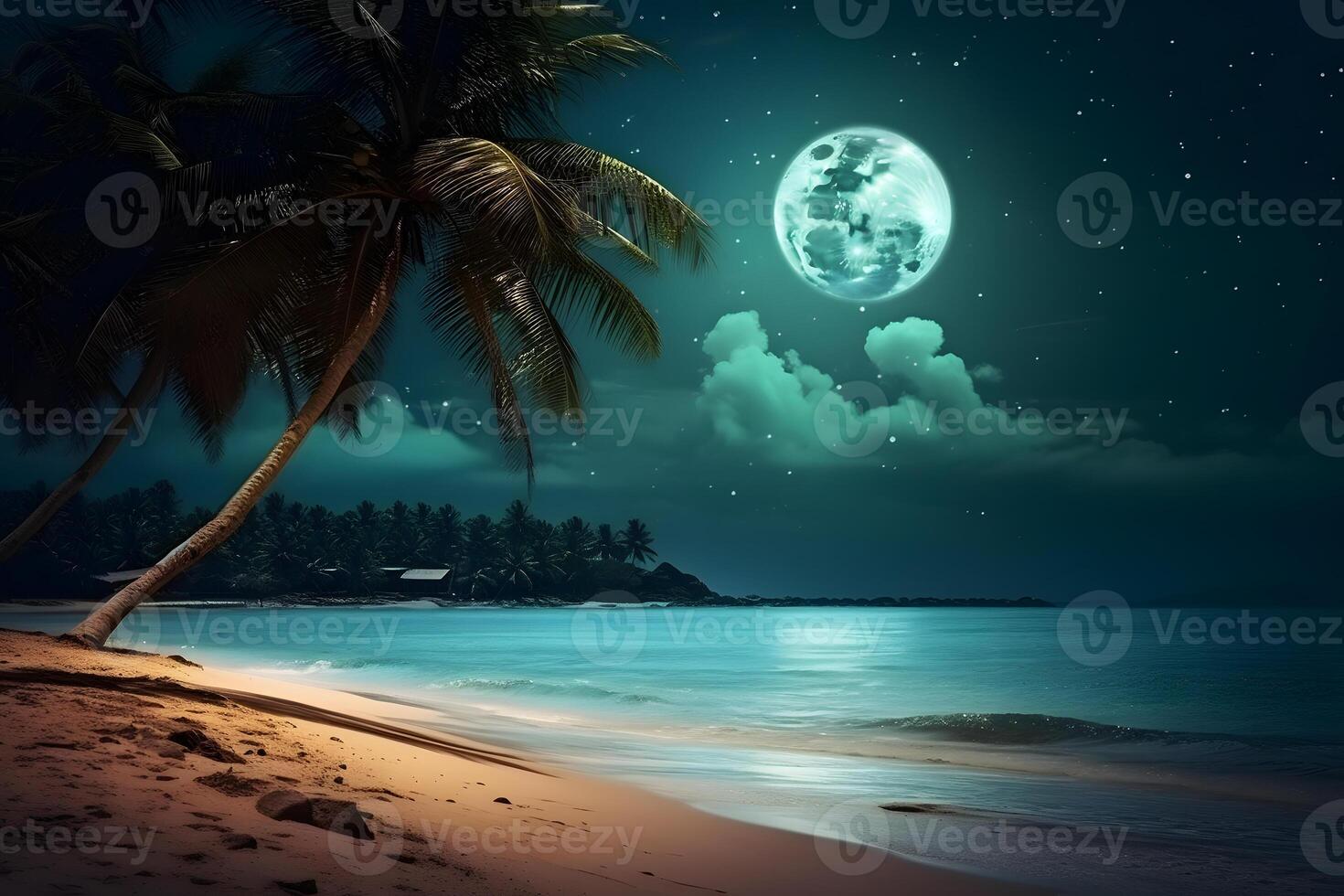 ai generado tropical playa ver con blanco arena, turquesa agua y palma árbol a lleno Luna noche, neural red generado fotorrealista imagen foto