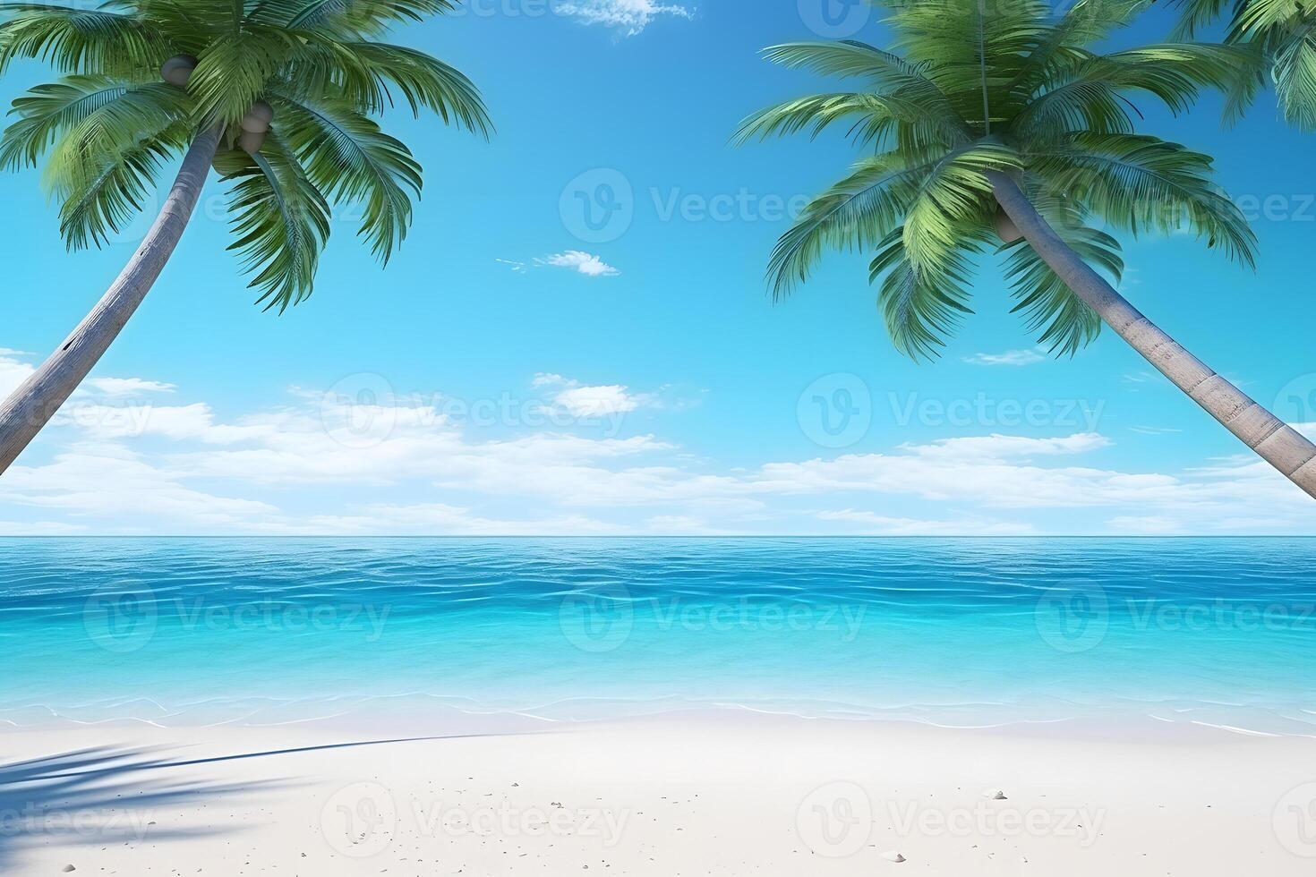 AI generated tropical beach view at sunny day with white sand, turquoise water and palm tree, neural network generated image photo