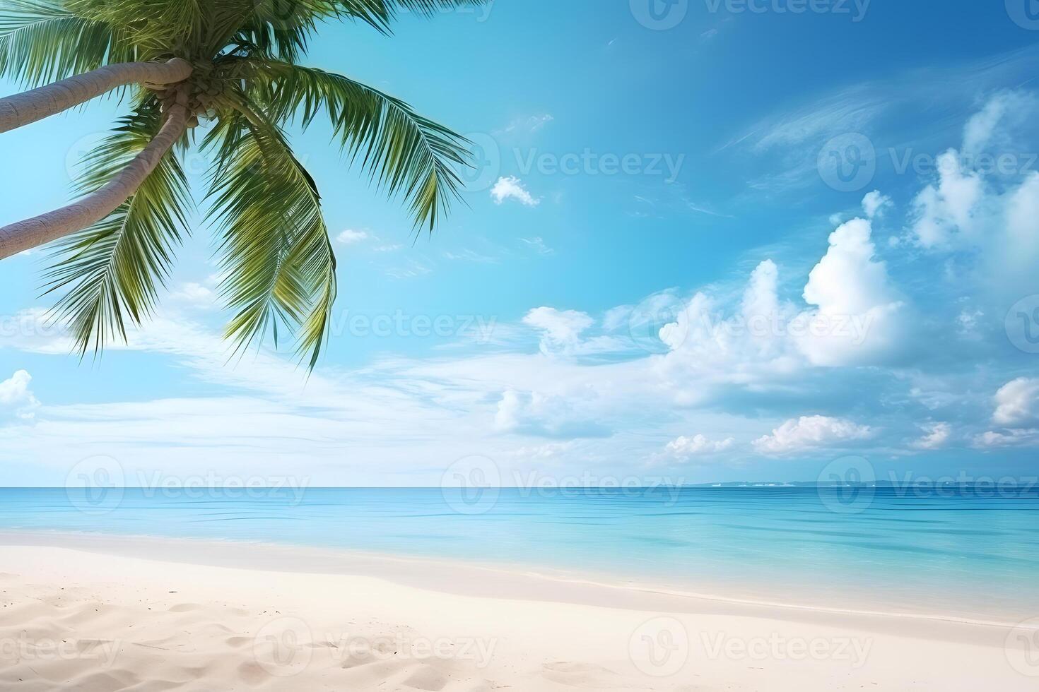 AI generated tropical beach view at sunny day with white sand, turquoise water and palm tree, neural network generated image photo