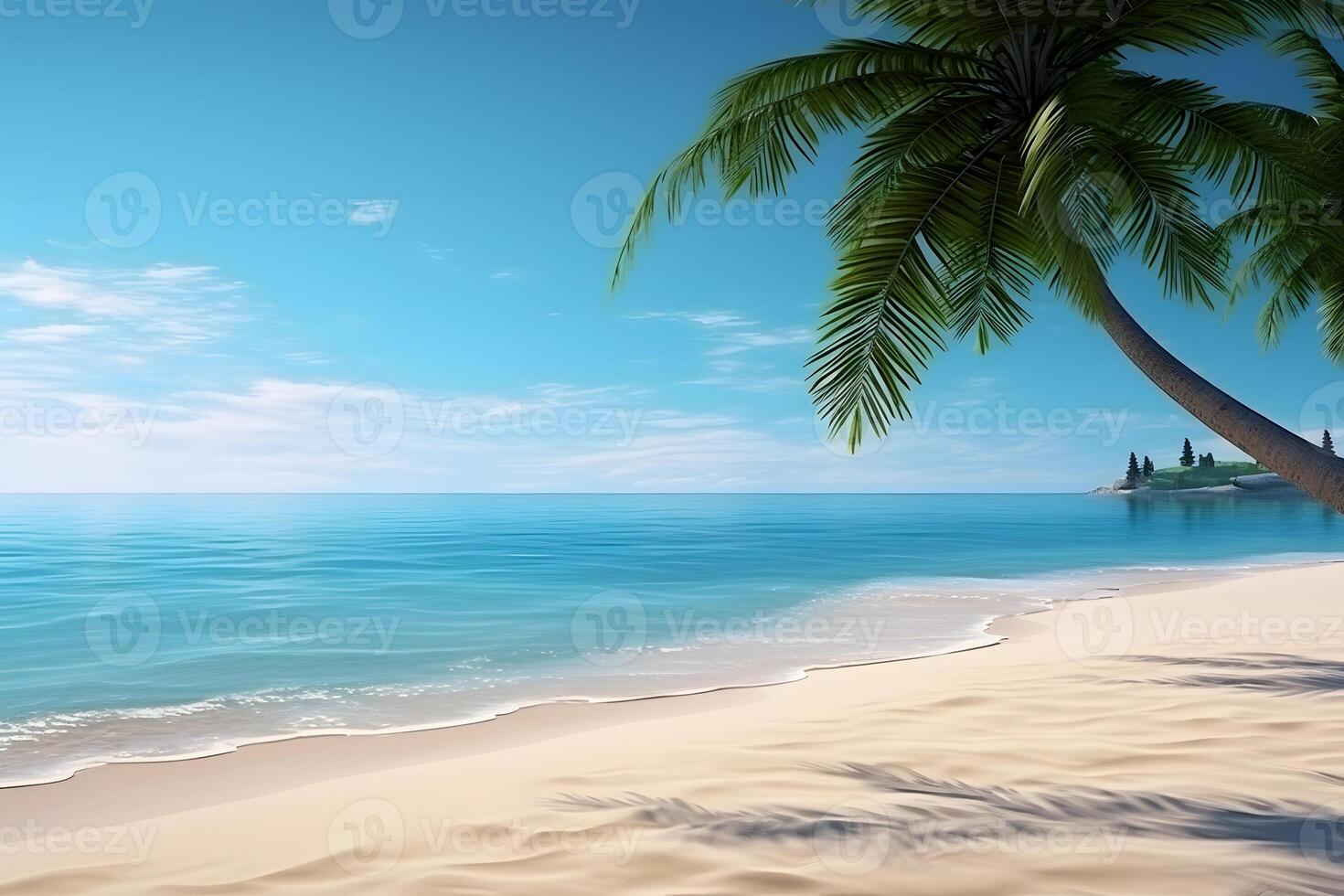 AI generated tropical beach view at sunny day with white sand, turquoise water and palm tree, neural network generated image photo