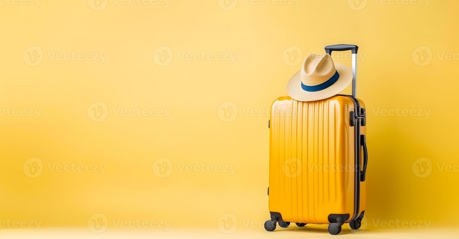 AI generated yellow suitcase with yellow hat on yellow background, neural network generated photorealistic image photo