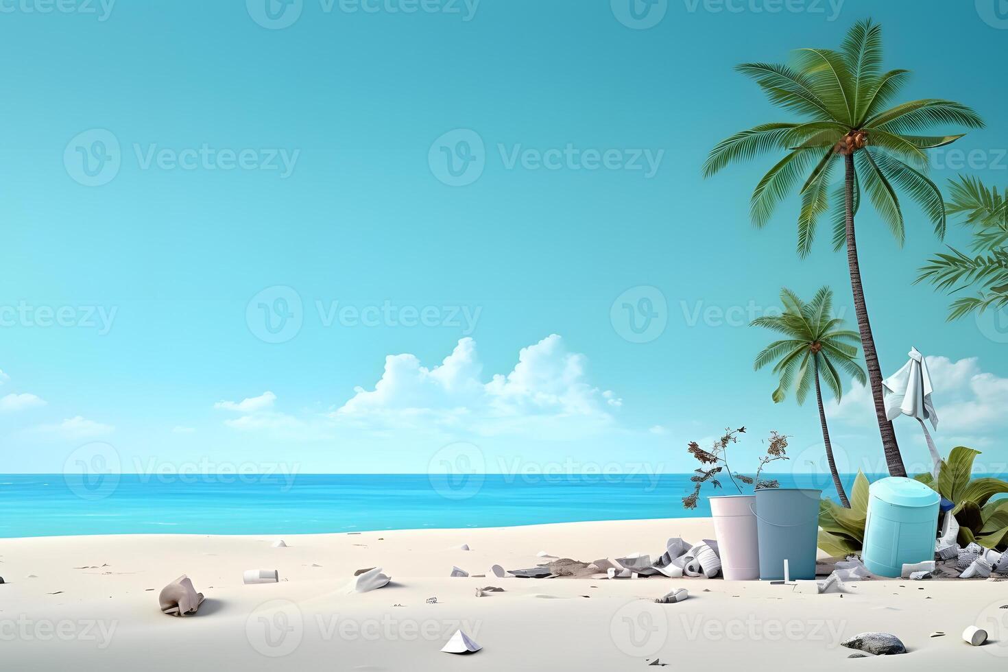 AI generated trash on tropical beach view at sunny day with white sand, turquoise water and palm tree, neural network generated photorealistic image photo