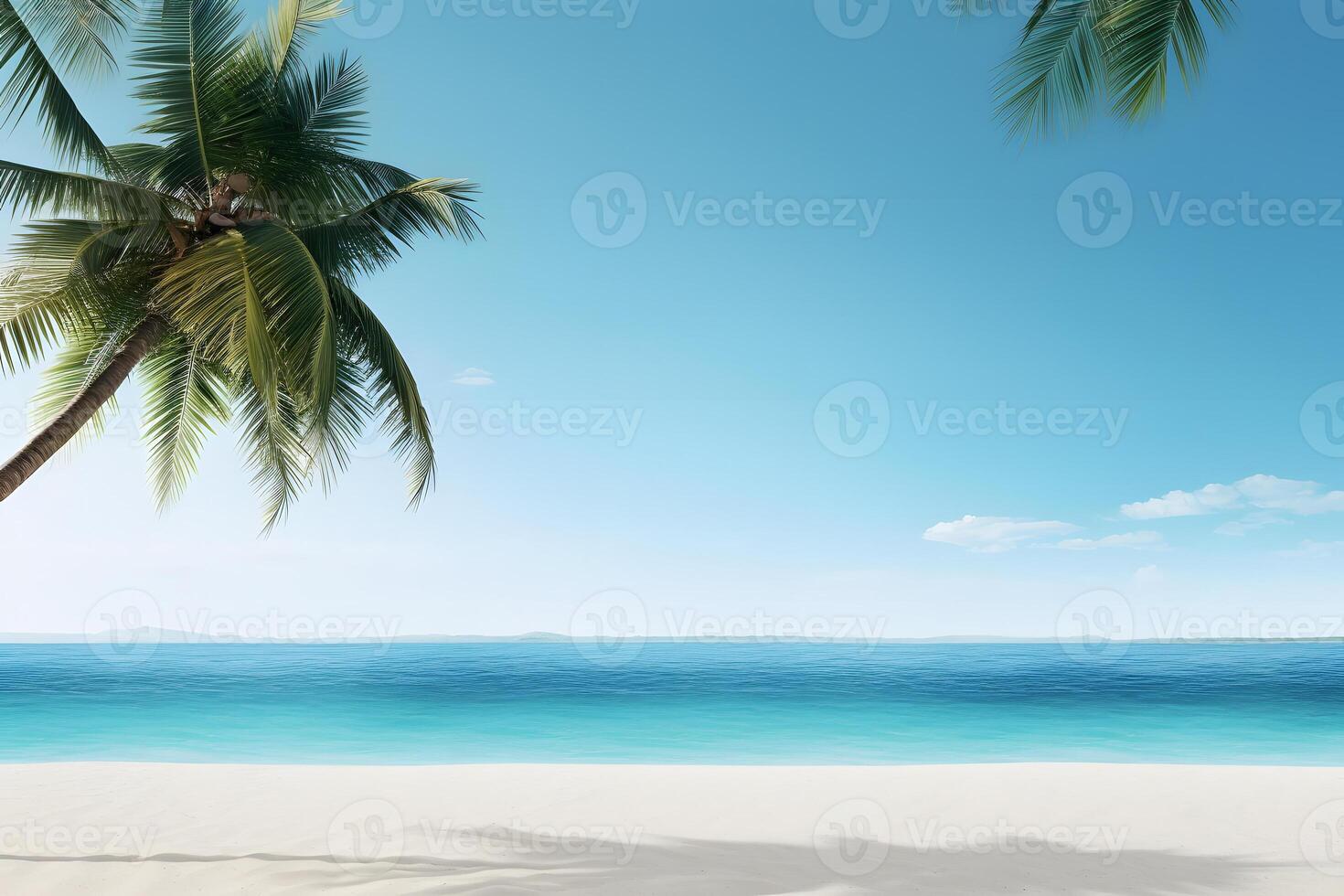AI generated tropical beach view at sunny day with white sand, turquoise water and palm tree, neural network generated image photo