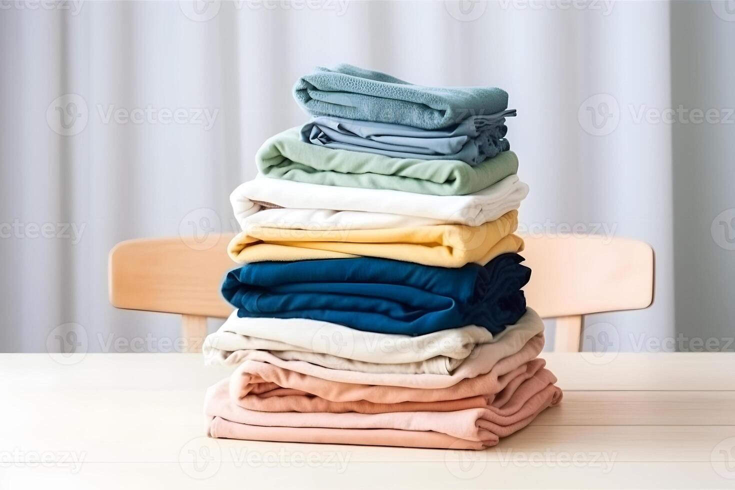 AI generated colorful stack of folded clothes on white laundry table, neural network generated photorealistic image photo