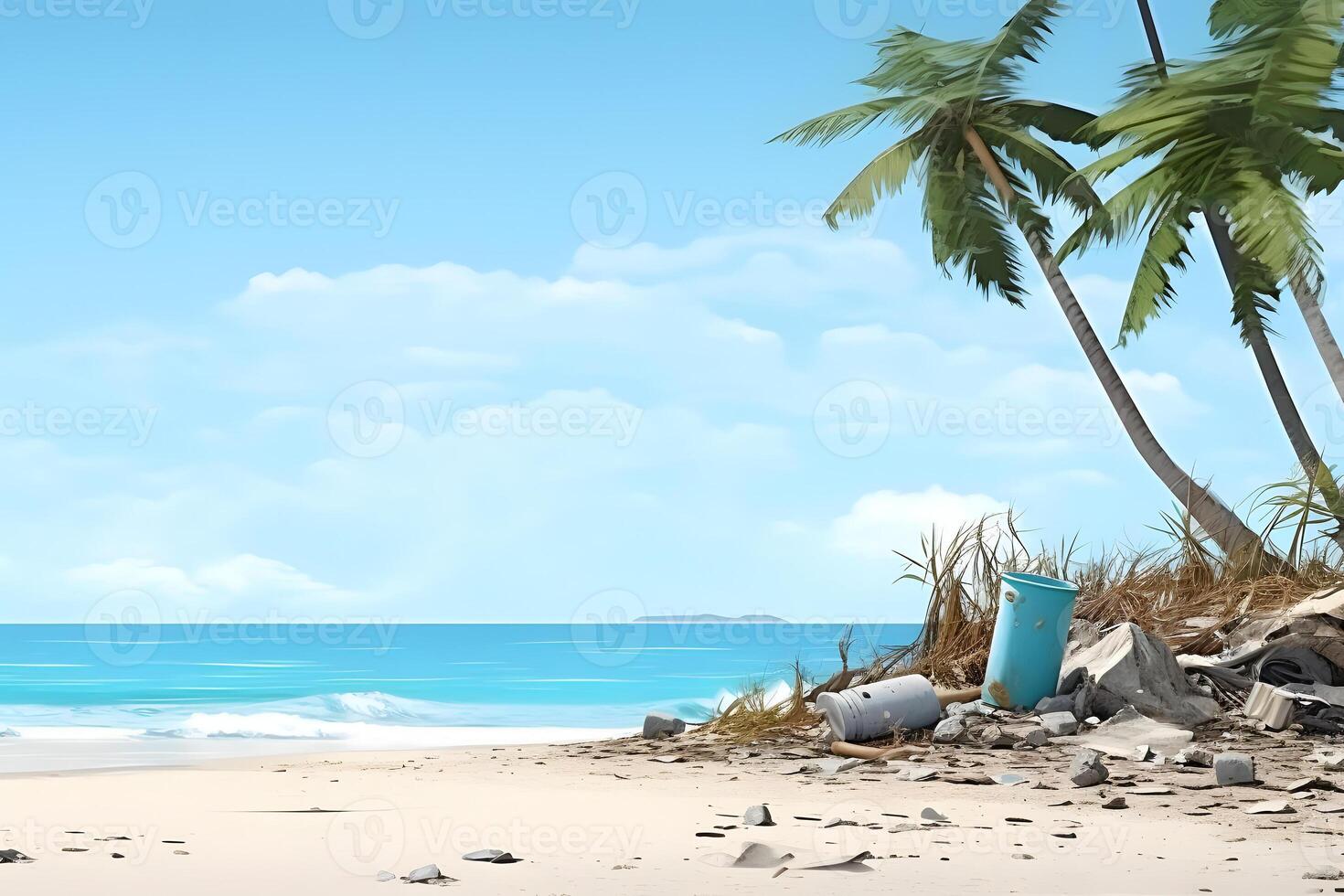 AI generated trash on tropical beach view at sunny day with white sand, turquoise water and palm tree, neural network generated photorealistic image photo