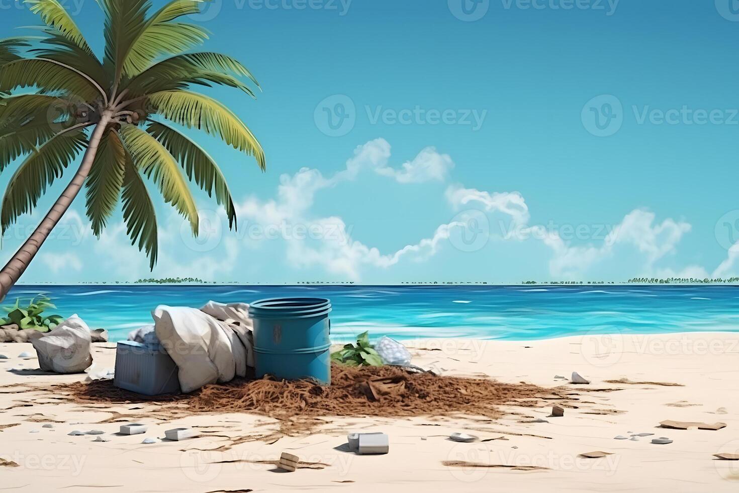 AI generated trash on tropical beach view at sunny day with white sand, turquoise water and palm tree, neural network generated photorealistic image photo