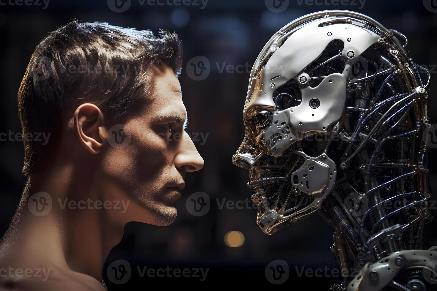 AI generated african american man versus robot looking at each other, face to face, side view, neural network generated image photo