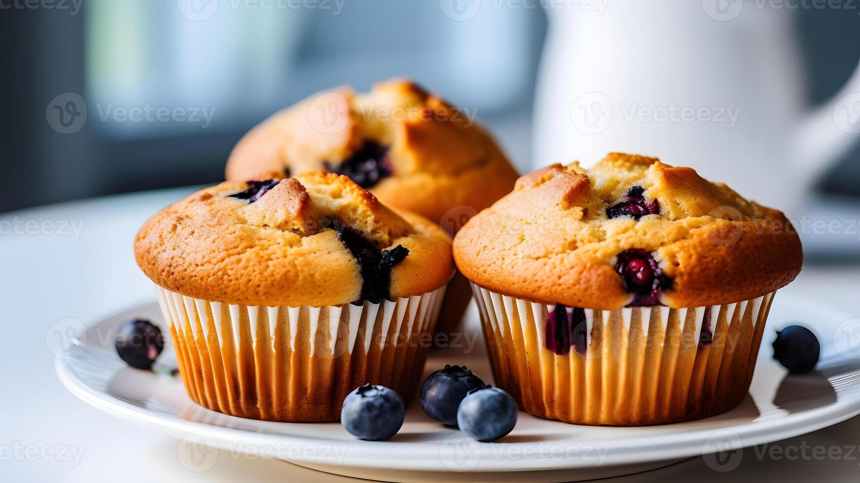 AI generated white plate with gorgeous delicious keto blueberry muffins, neural network generated photorealistic image photo