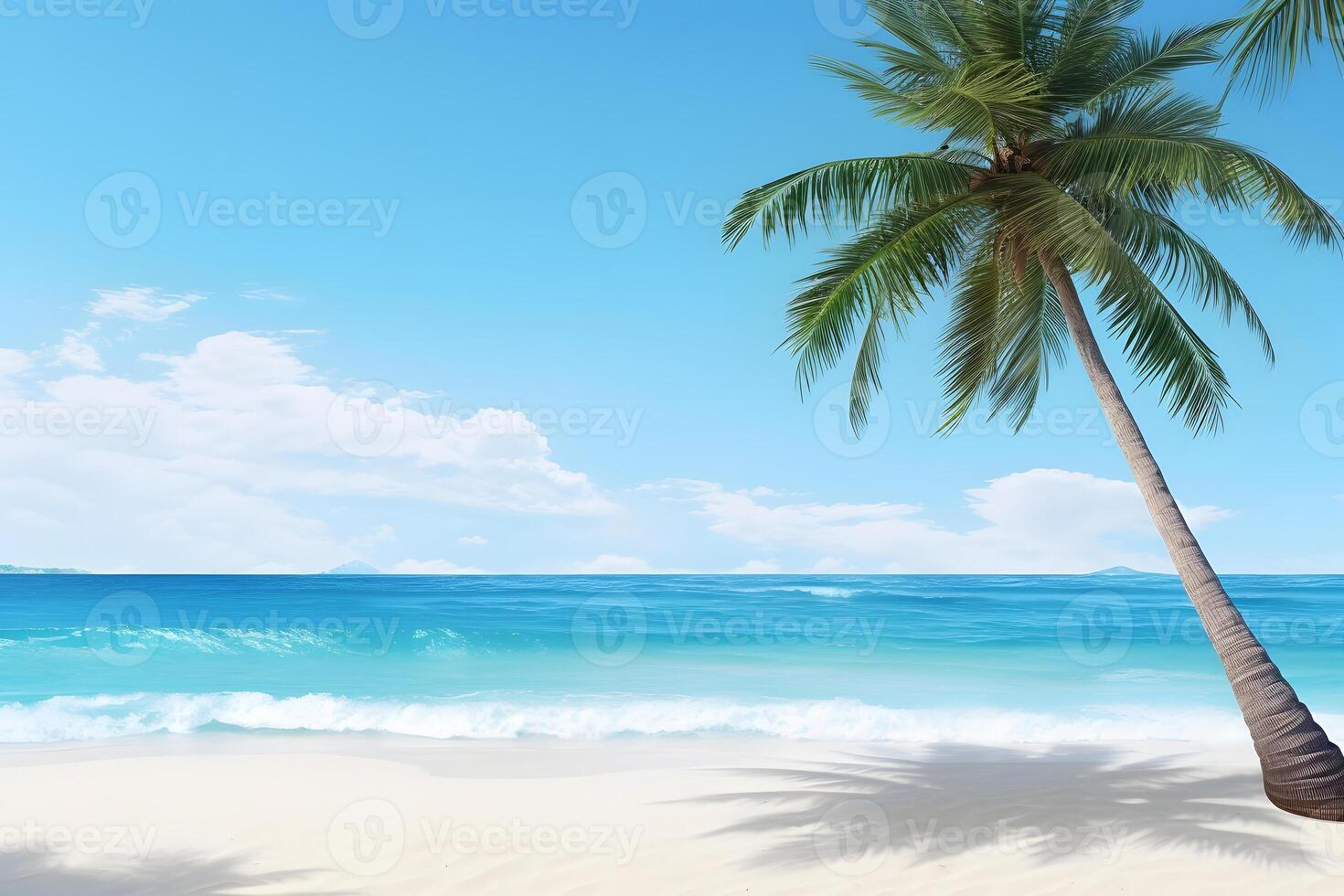 AI generated tropical beach view at sunny day with white sand, turquoise water and palm tree, neural network generated image photo