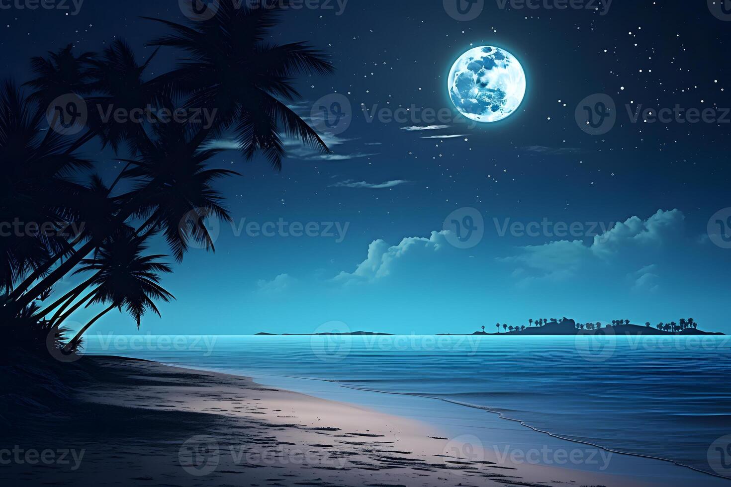 ai generado tropical playa ver con blanco arena, turquesa agua y palma árbol a lleno Luna noche, neural red generado fotorrealista imagen foto