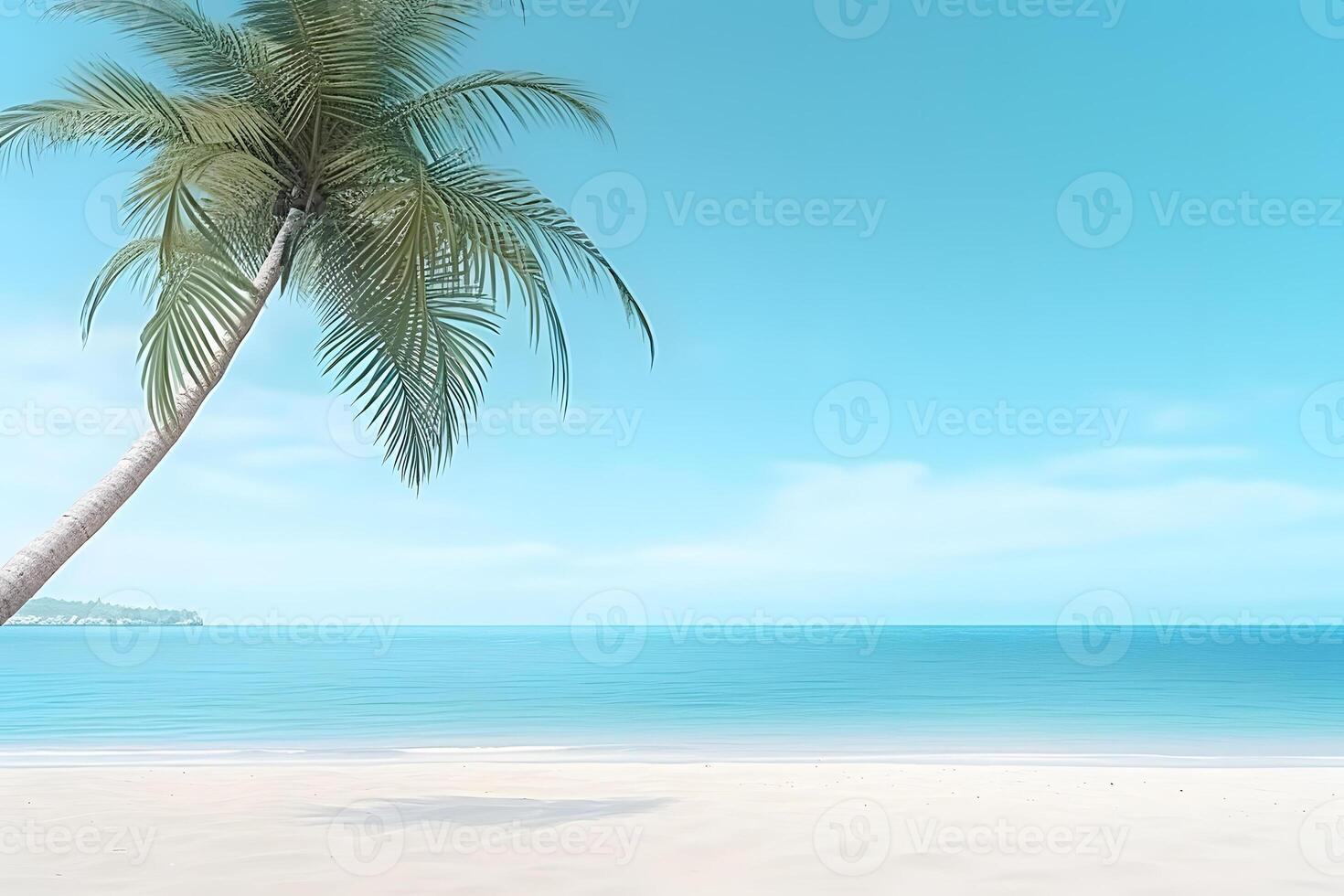 AI generated tropical beach view at sunny day with white sand, turquoise water and palm tree, neural network generated image photo