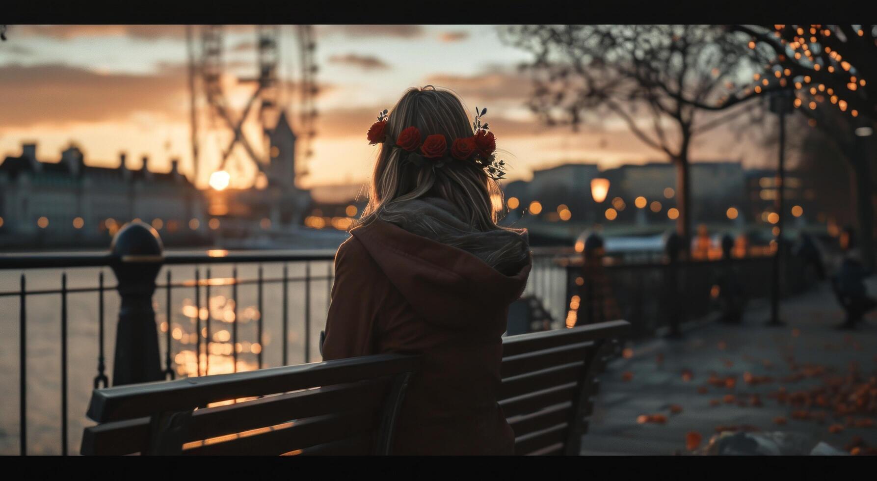 AI generated woman holding flowers while sitting at london eye for valentines day photo