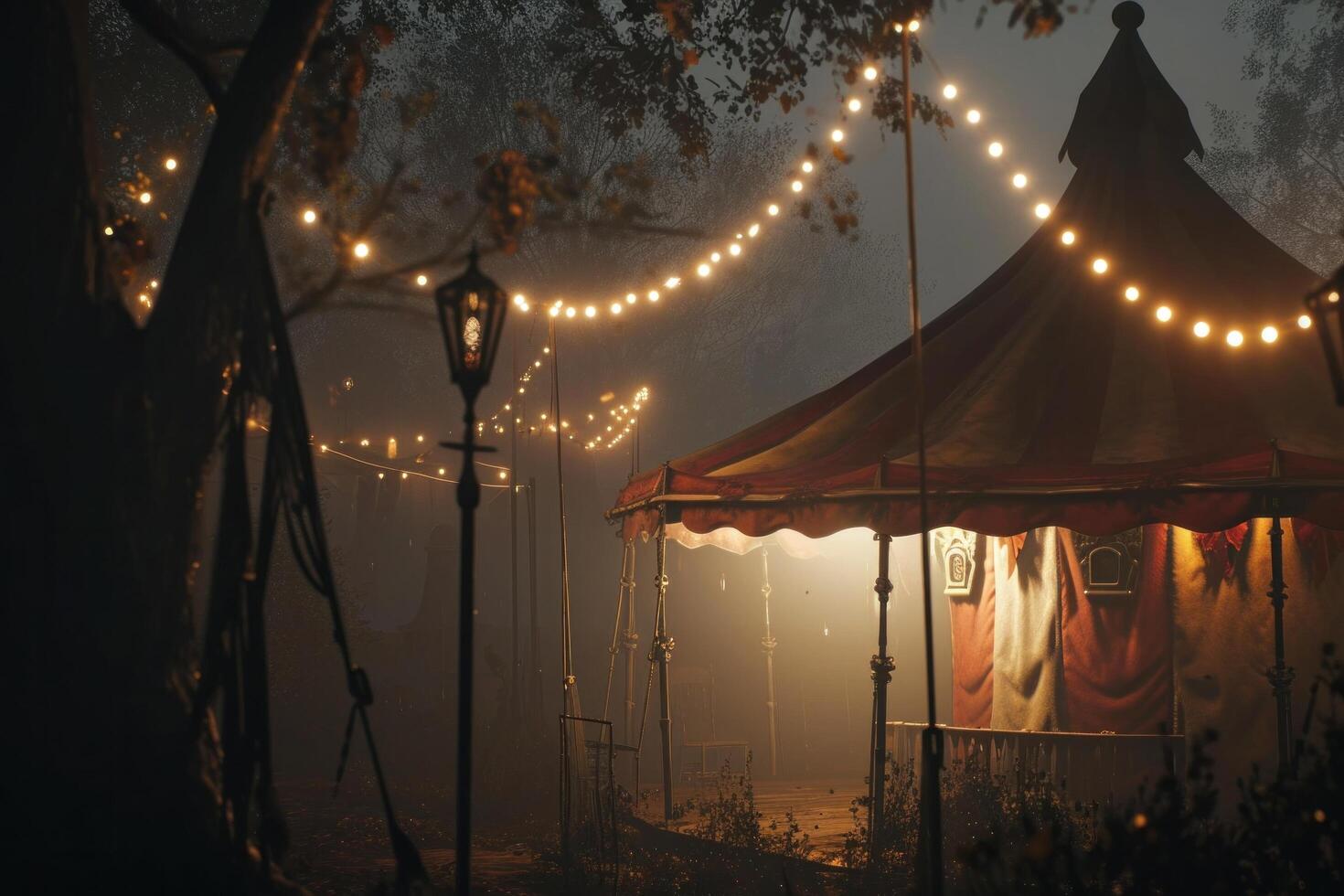 AI generated light, lighting and fog, static shot of a circus tent photo