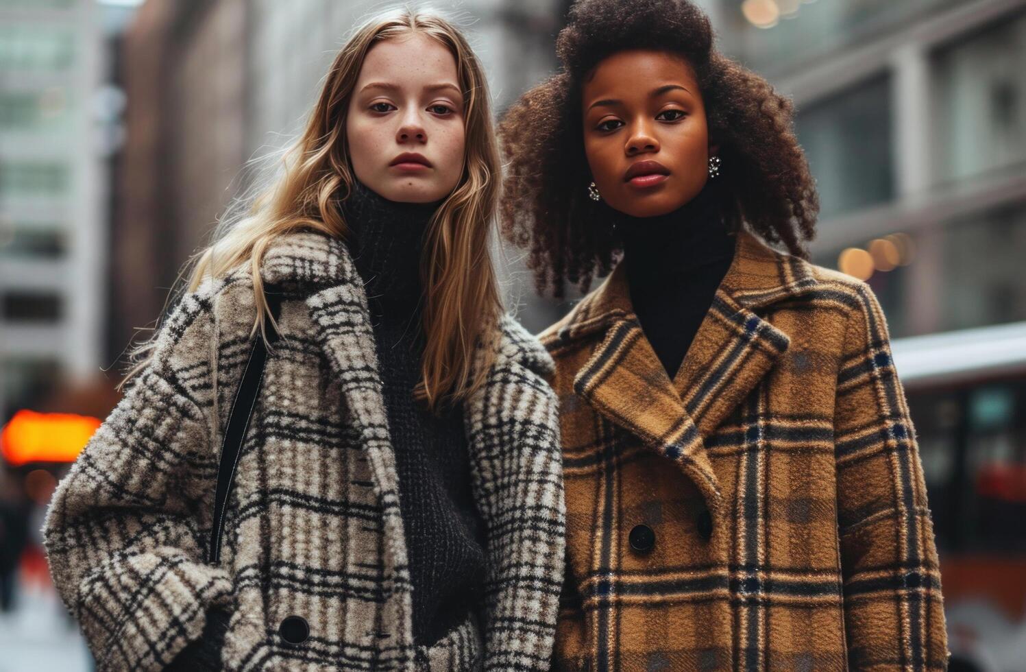 AI generated two women in plaid coats and black knitted sweaters photo