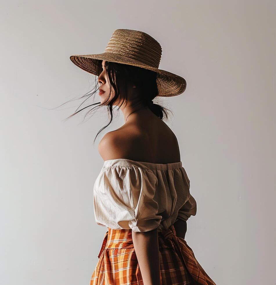 AI generated woman in an orange plaid skirt and a hat photo