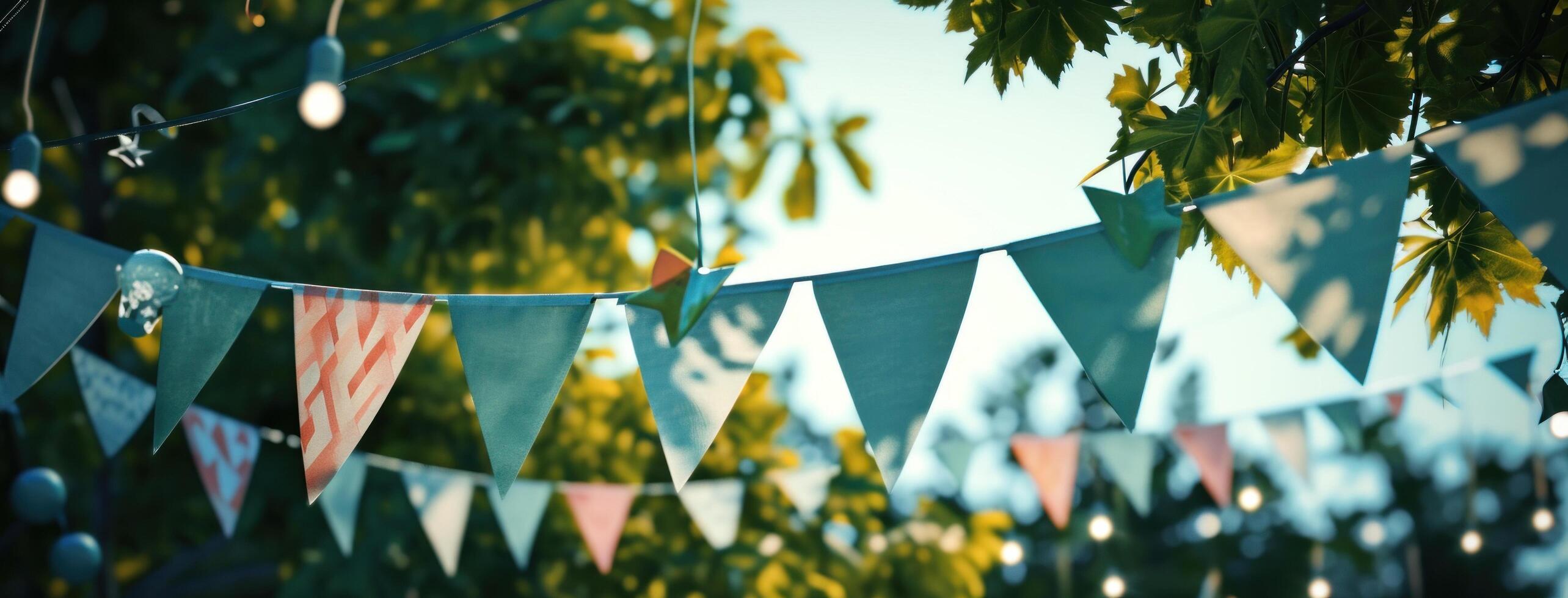 AI generated colorful flags hanging on colored bunting photo