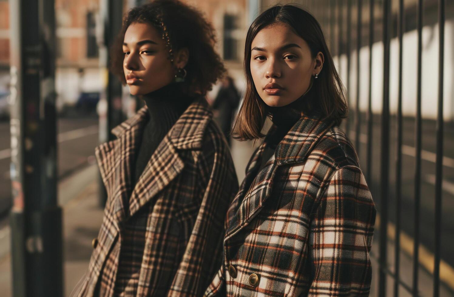 AI generated two women in plaid coats and black knitted sweaters photo