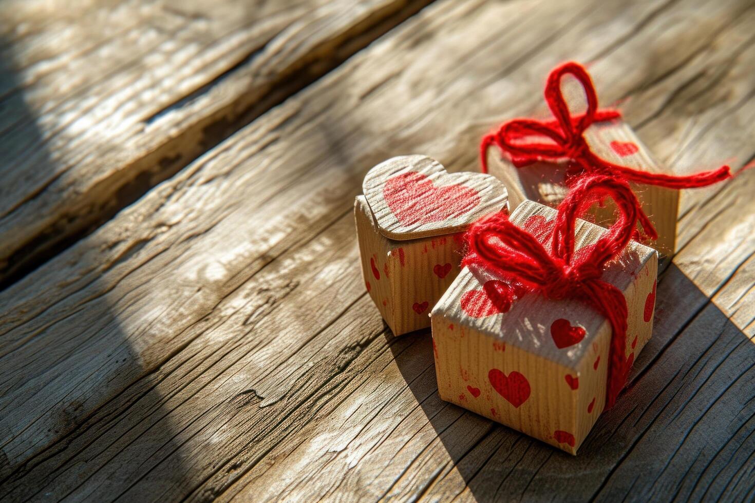 AI generated two small boxes with hearts on them against a wood background photo