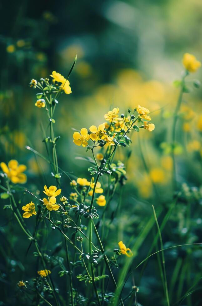 AI generated yellow flowers growing in the spring with bright green background photo