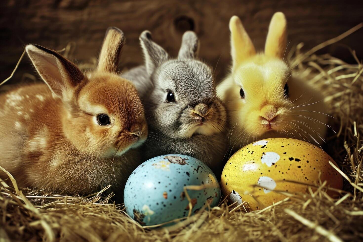 AI generated easter and good old bunny three chicks on easter eggs photo