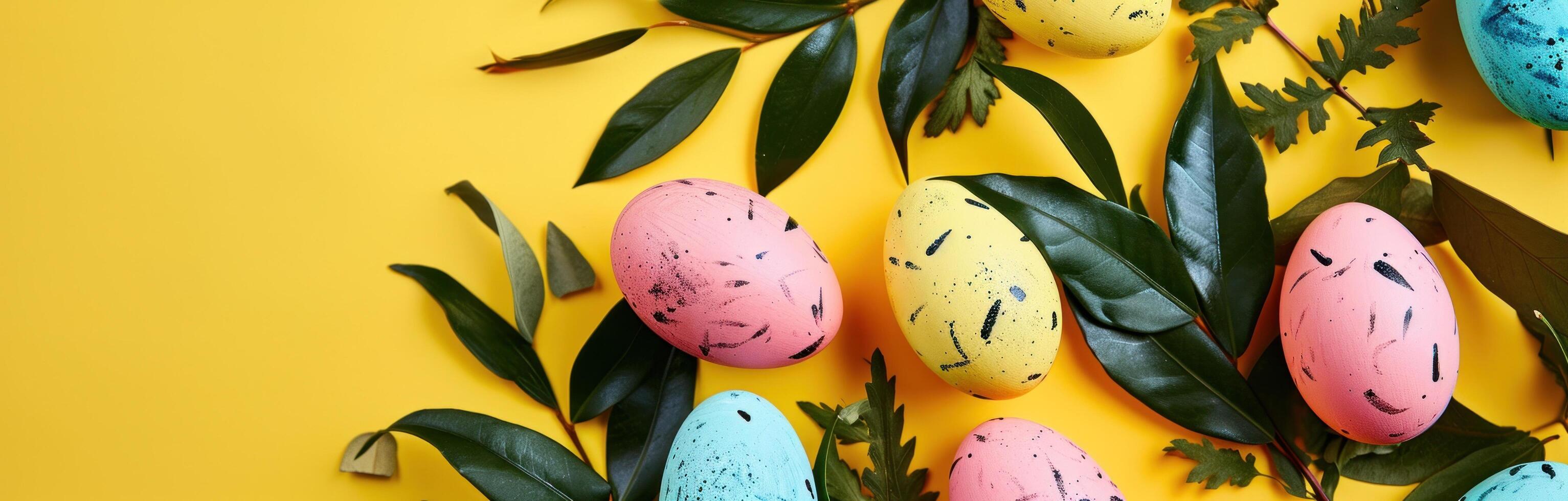 ai generado vistoso Pascua de Resurrección huevos y vistoso tulipanes en Pascua de Resurrección nido en amarillo foto