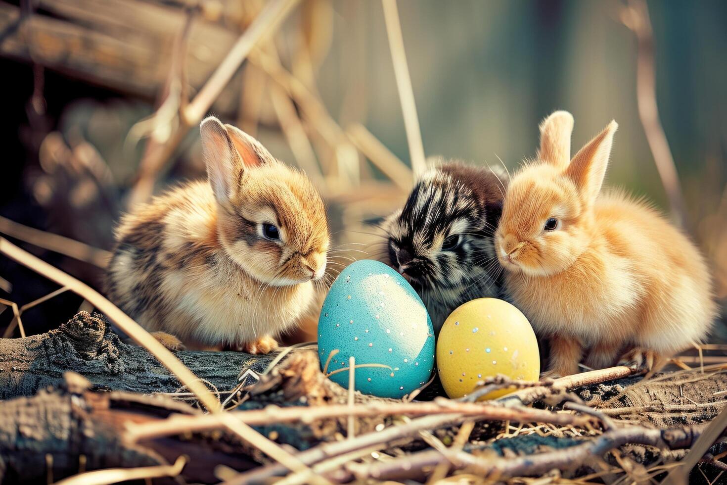 AI generated easter and good old bunny three chicks on easter eggs photo