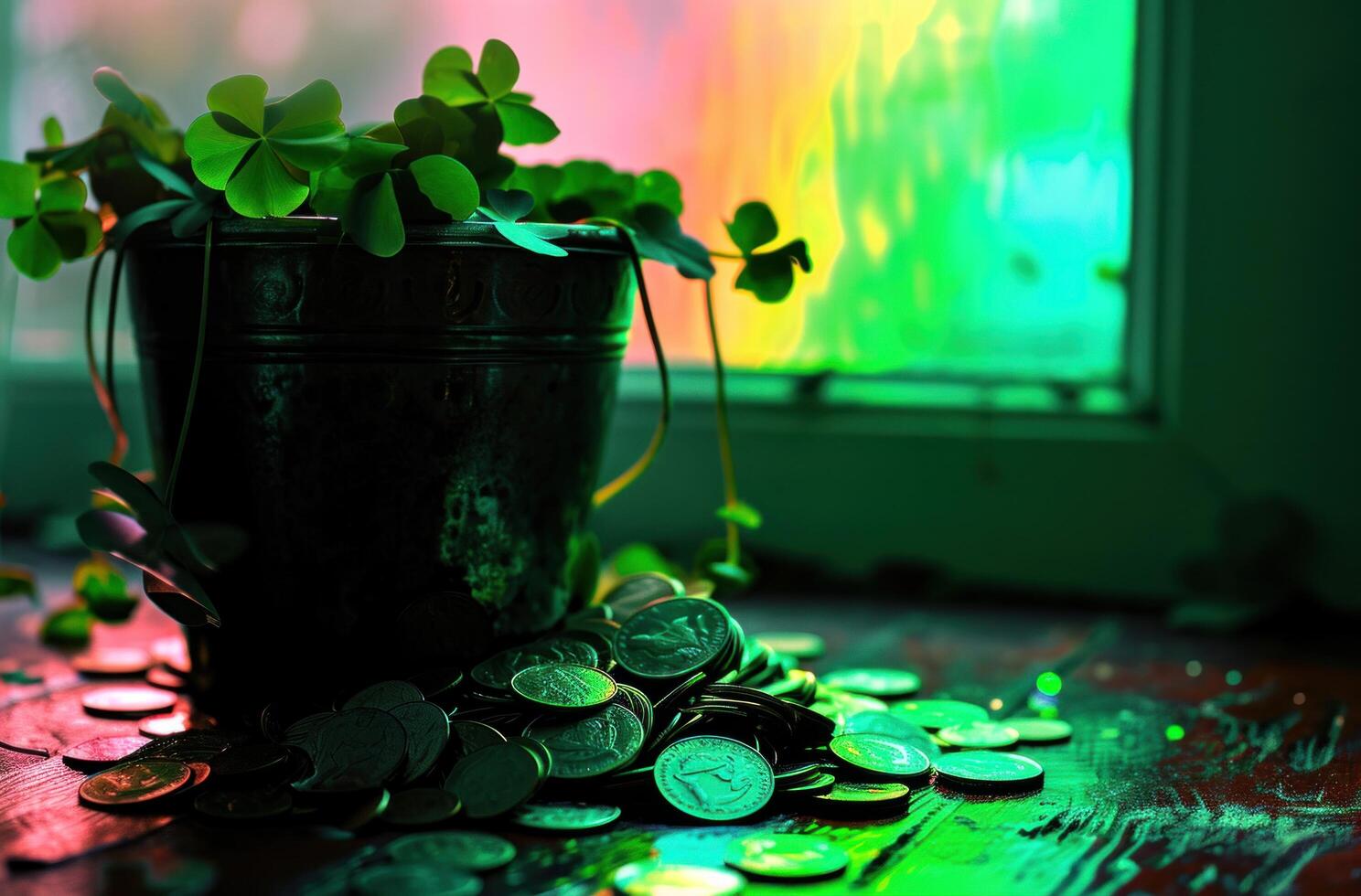 AI generated green shamrock hat and sparkly green accessories photo