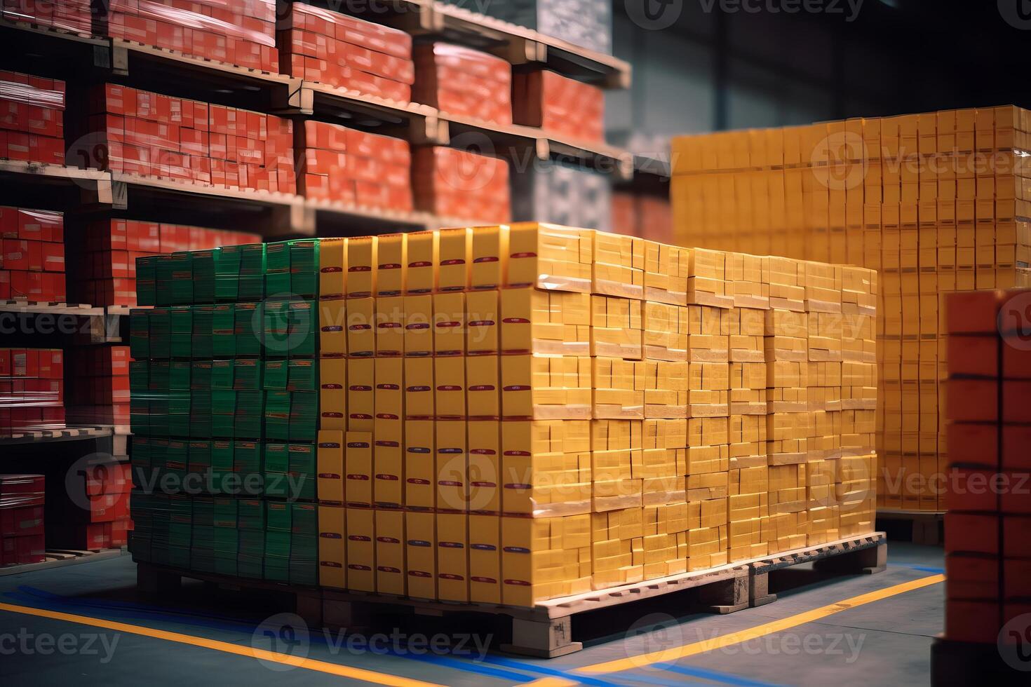 AI generated Package Boxes Wrapped Plastic Stacked on Pallets in Storage Warehouse. Supply Chain. Storehouse Distribution. Cargo Shipping Supplies Warehouse Logistics, neural network generated image photo