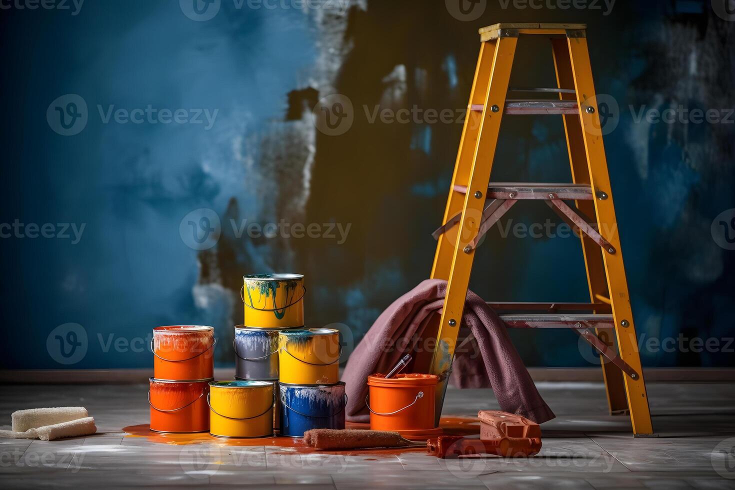 AI generated Repair indoors, cans of paint, a roller on the background of a stepladder, neural network generated photorealistic image photo