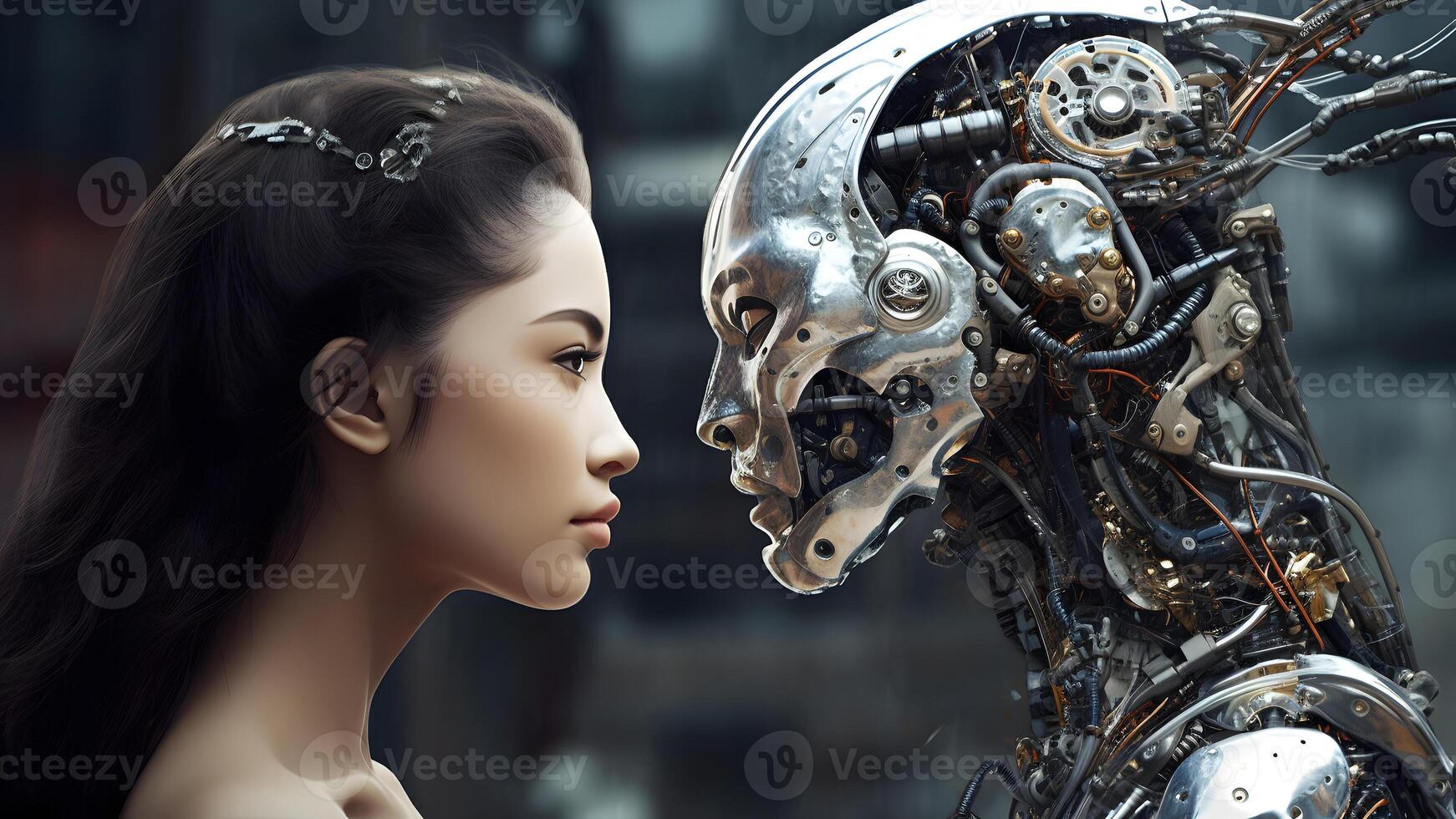 AI generated asian woman versus robot looking at each other, face to face, side view, neural network generated image photo