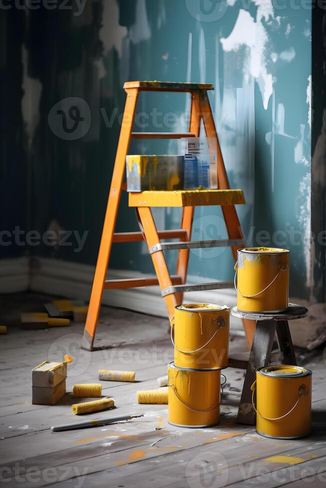 AI generated Repair indoors, cans of paint, a roller on the background of a stepladder, neural network generated photorealistic image photo