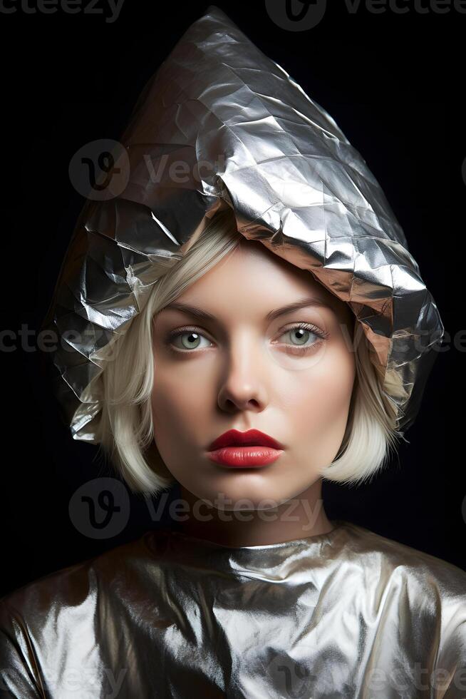 AI generated suspicious caucasian woman in foil hat looking into camera, neural network generated photorealistic image photo