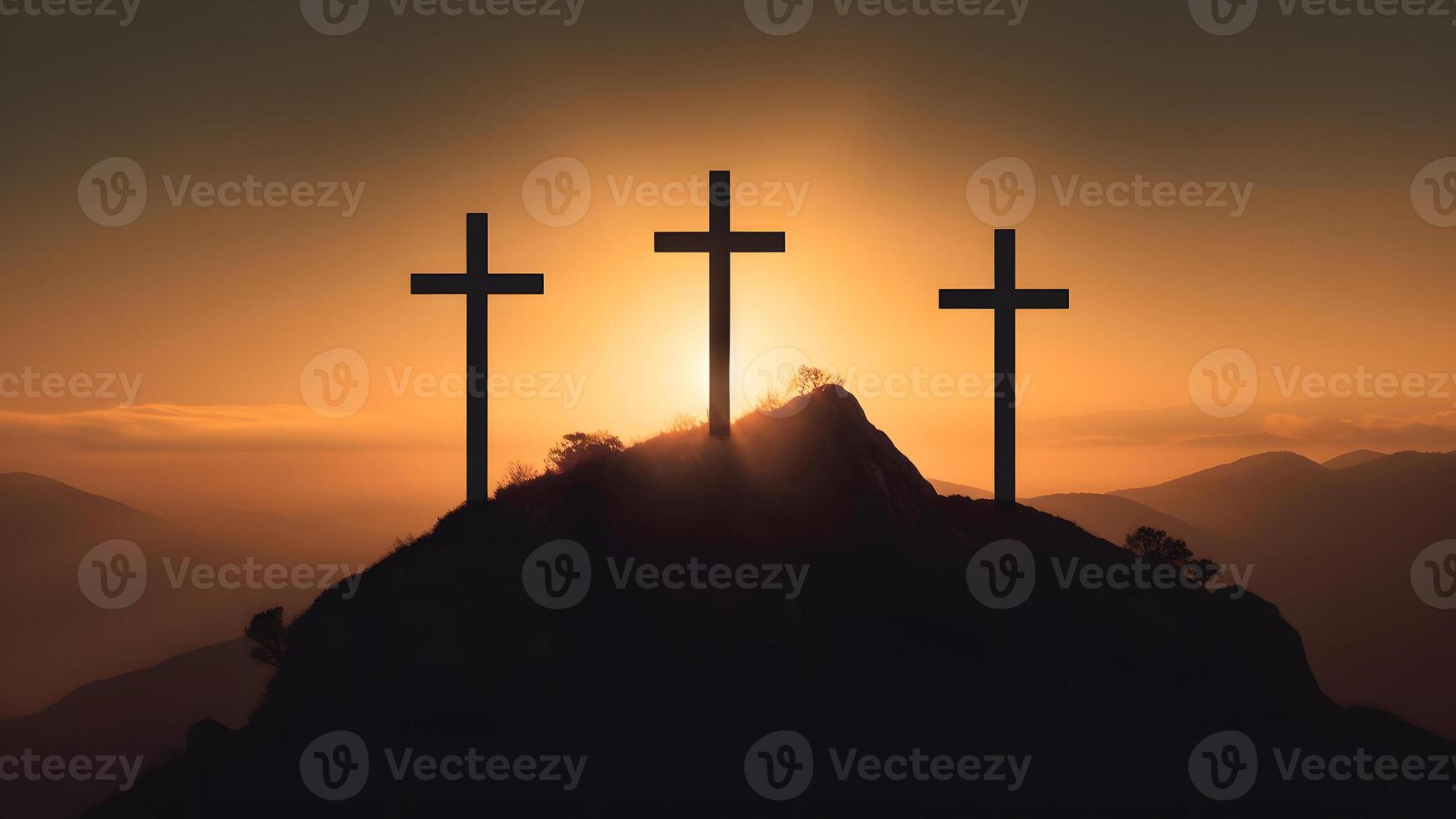 AI generated crucifixion, religion and christianity concept - silhouettes of three crosses on calvary hill on golden suset sky background, neural network generated image photo