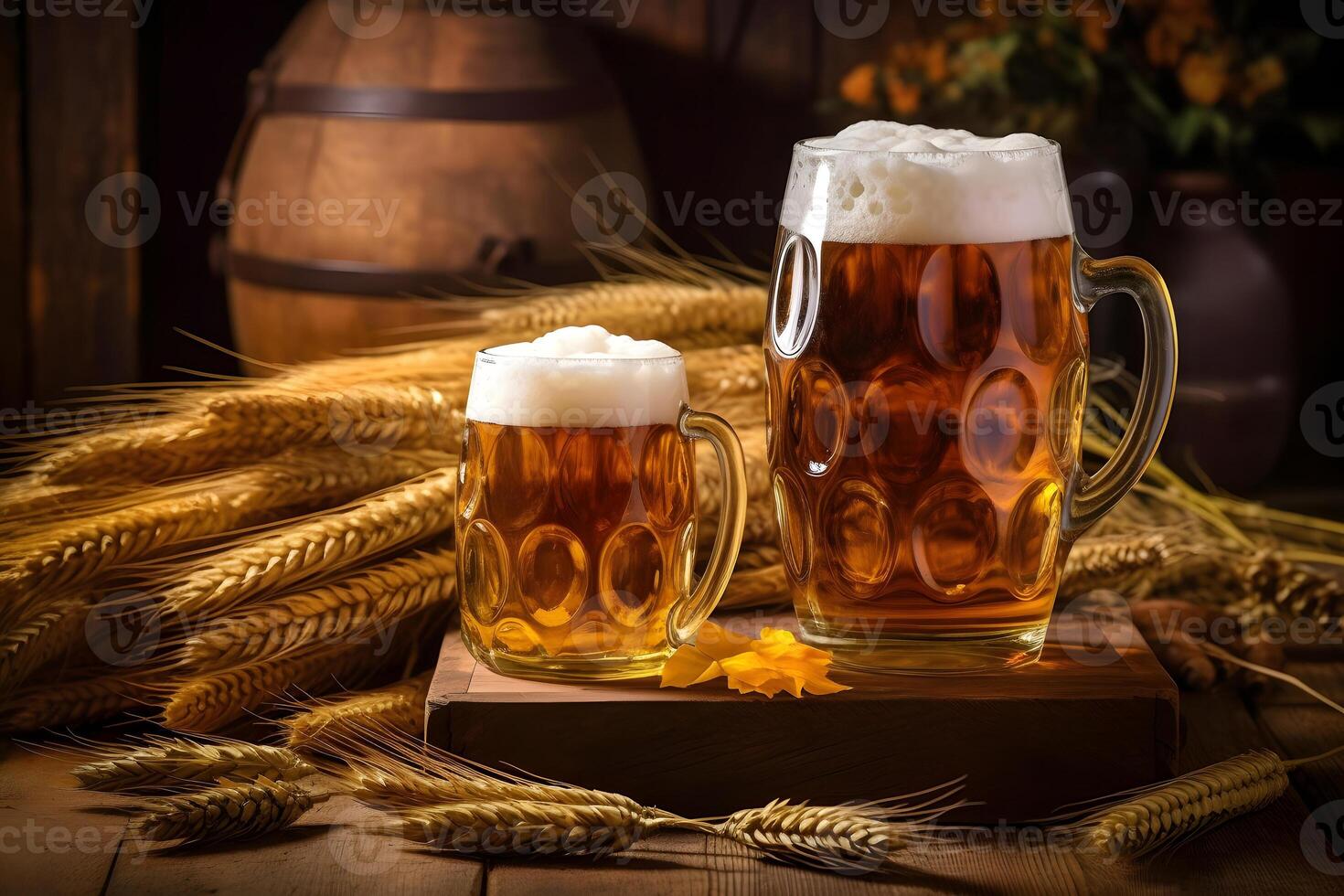 AI generated Oktoberfest beer glasses full of beer and beer barrel with wheat on wooden table, neural network generated photorealistic image photo