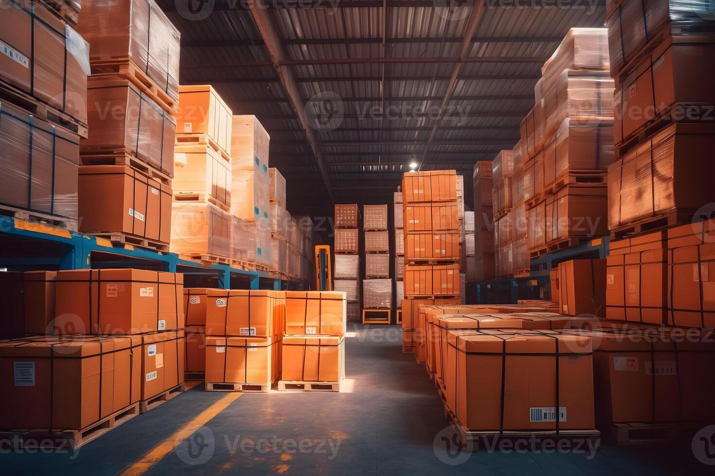 AI generated Package Boxes Wrapped Plastic Stacked on Pallets in Storage Warehouse. Supply Chain. Storehouse Distribution. Cargo Shipping Supplies Warehouse Logistics, neural network generated image photo
