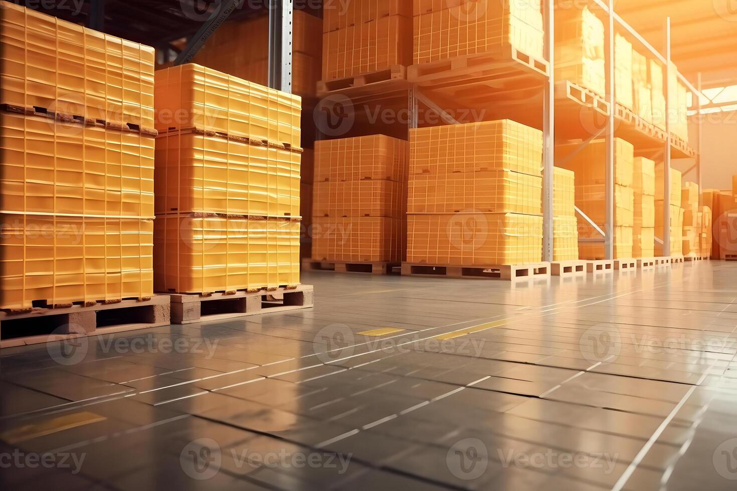 AI generated Package Boxes Wrapped Plastic Stacked on Pallets in Storage Warehouse. Supply Chain. Storehouse Distribution. Cargo Shipping Supplies Warehouse Logistics, neural network generated image photo