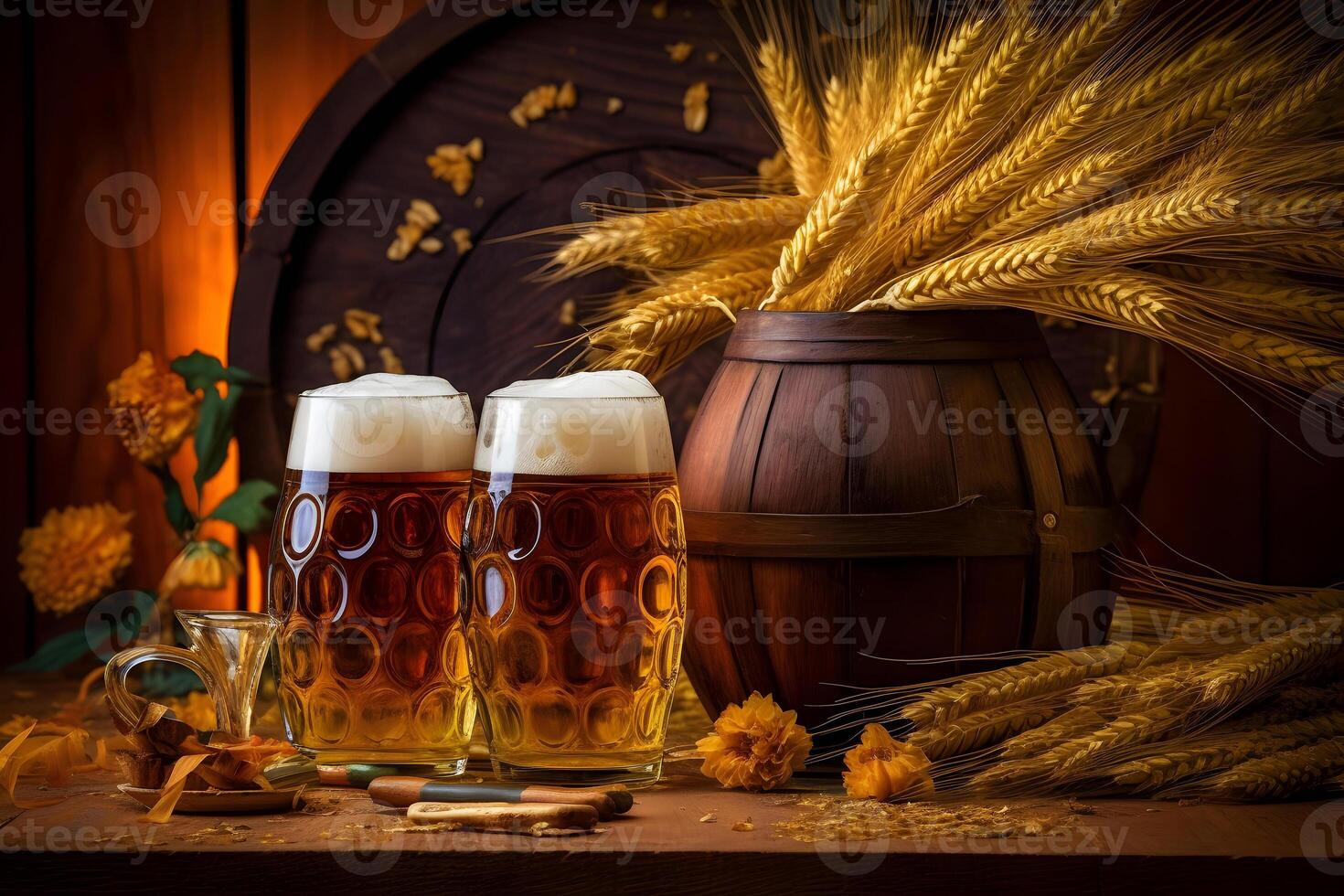 ai generado Oktoberfest cerveza lentes lleno de cerveza y cerveza barril con trigo en de madera mesa, neural red generado fotorrealista imagen foto