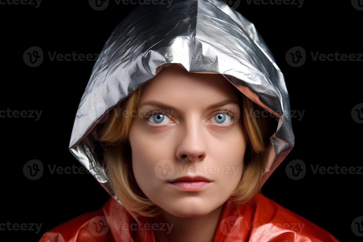 AI generated suspicious caucasian woman in foil hat looking into camera, neural network generated photorealistic image photo