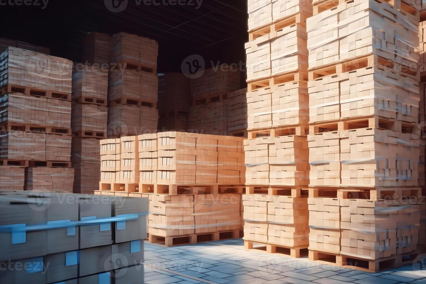 AI generated Package Boxes Wrapped Plastic Stacked on Pallets in Storage Warehouse. Supply Chain. Storehouse Distribution. Cargo Shipping Supplies Warehouse Logistics, neural network generated image photo