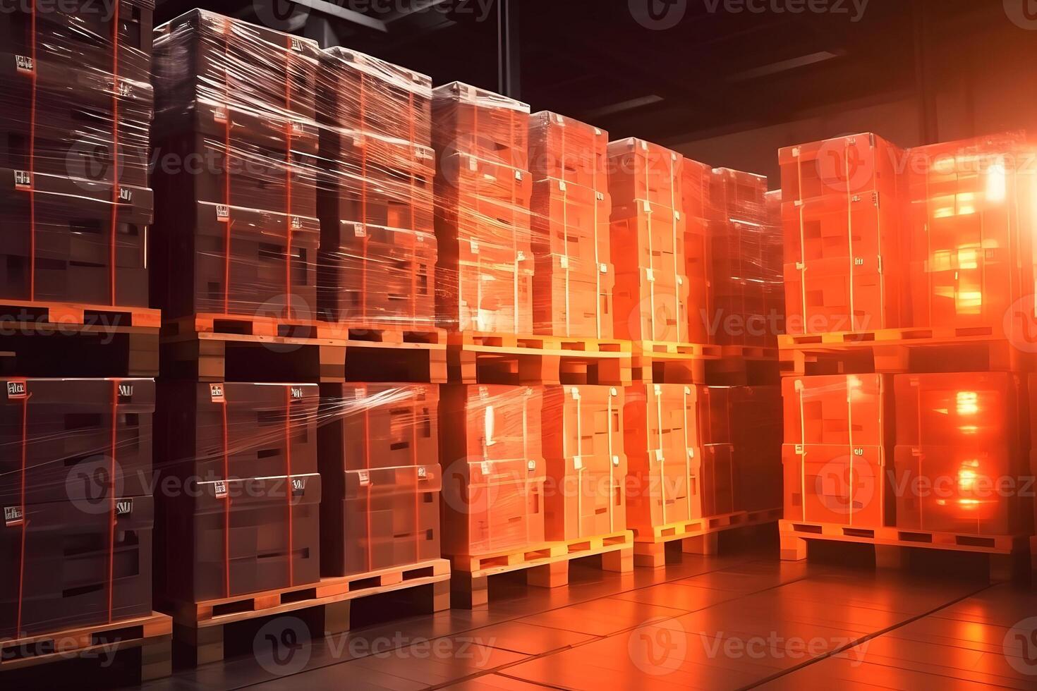 AI generated Package Boxes Wrapped Plastic Stacked on Pallets in Storage Warehouse. Supply Chain. Storehouse Distribution. Cargo Shipping Supplies Warehouse Logistics, neural network generated image photo