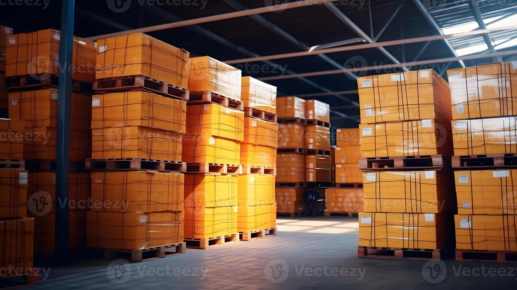 AI generated Package Boxes Wrapped Plastic Stacked on Pallets in Storage Warehouse. Supply Chain. Storehouse Distribution. Cargo Shipping Supplies Warehouse Logistics, neural network generated image photo