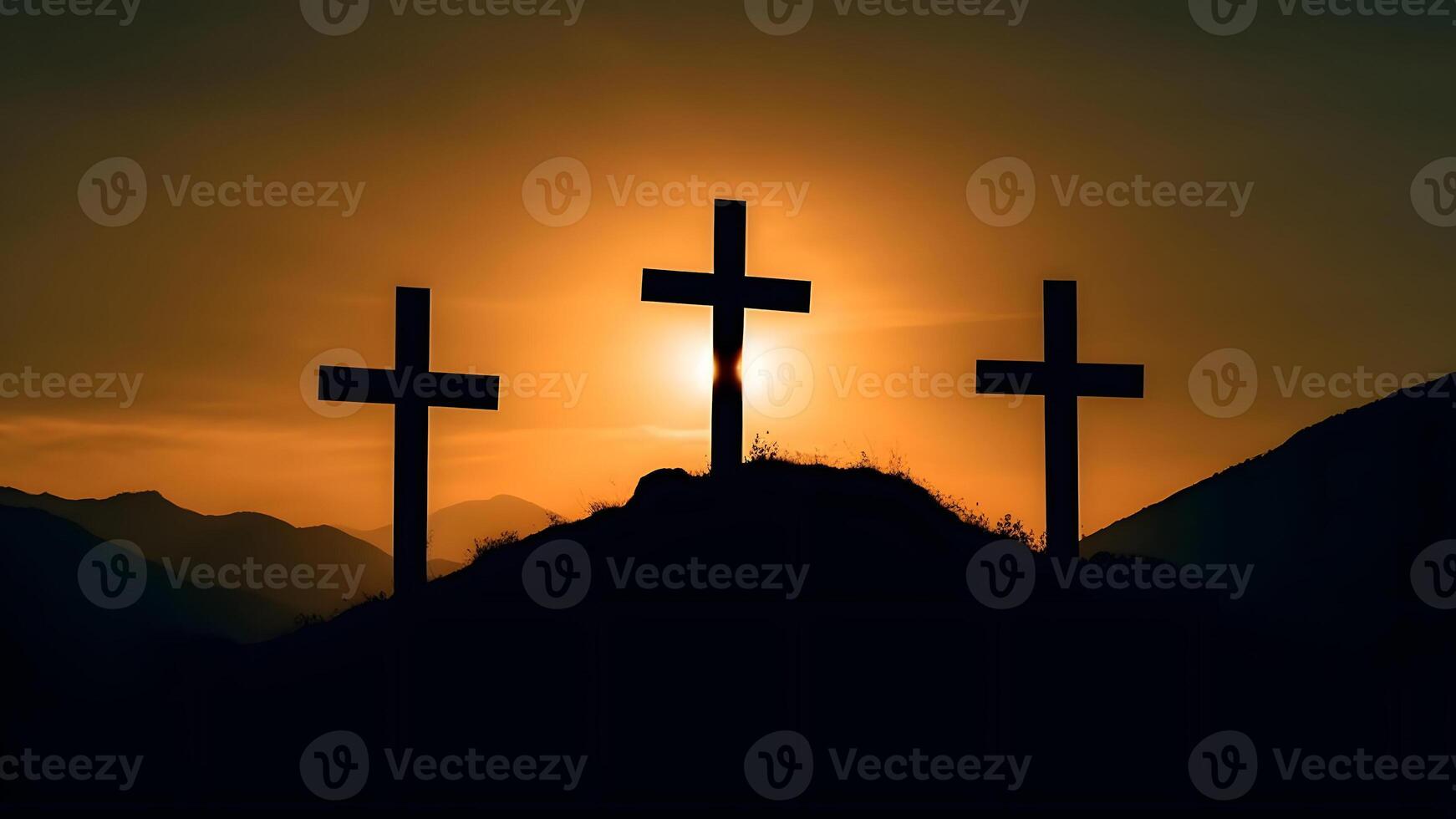 AI generated crucifixion, religion and christianity concept - silhouettes of three crosses on calvary hill on golden suset sky background, neural network generated image photo