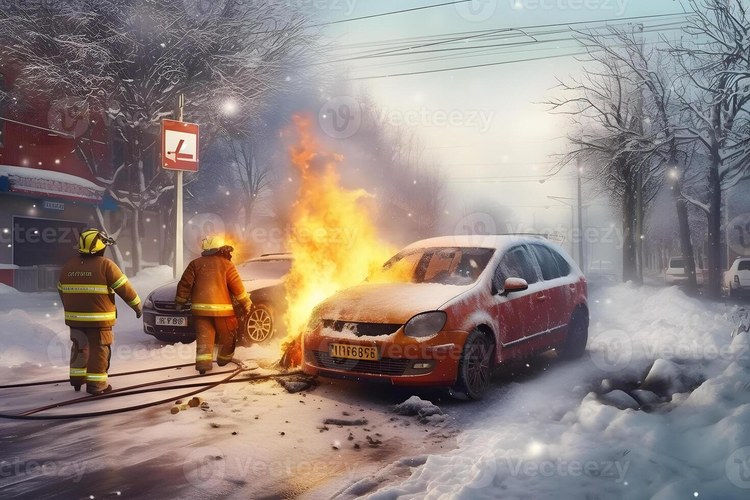 AI generated A car is on fire in a parking lot at winter day, neural network generated image photo